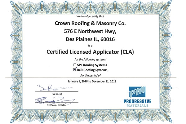 Crown Roofing and Masonry Certificate